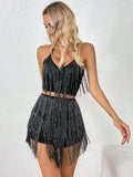Glamour Fringe Trim Backless Halter Top & Shorts