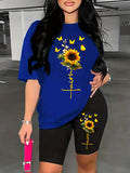 Women's Sunflower & Butterfly Print Short Sleeve T-Shirt And Shorts Set With Round Neck