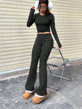 Ladies' Solid Color Round Neck Long Sleeve T-Shirt And Flared Trousers Casual Outfit