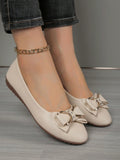 Women's Round Toe Big Size Beige Bow Knot Slip-On Comfortable Ballet Flats