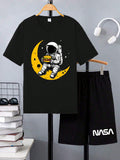 Teen Boy Cartoon Astronaut & Moon Printed T-Shirt And Letter Printed Shorts Set