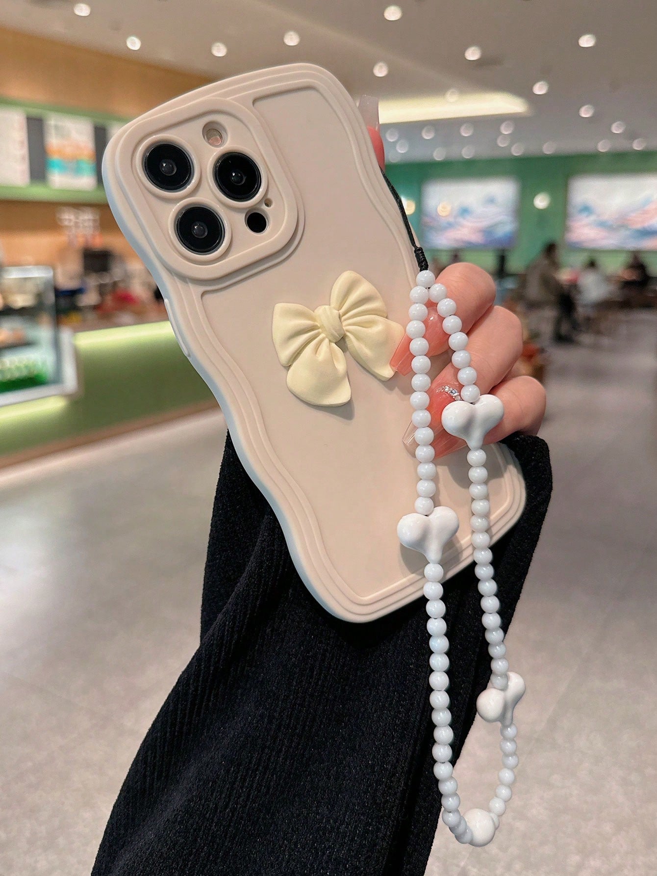 Pink Neon Bow-Knot Decor Phone Case With Lanyard Compatible With IPhone15/15Plus/15Pro/15Promax