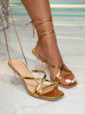 Women's Gold Cross Strap Clear-Cut High Heels Sandals