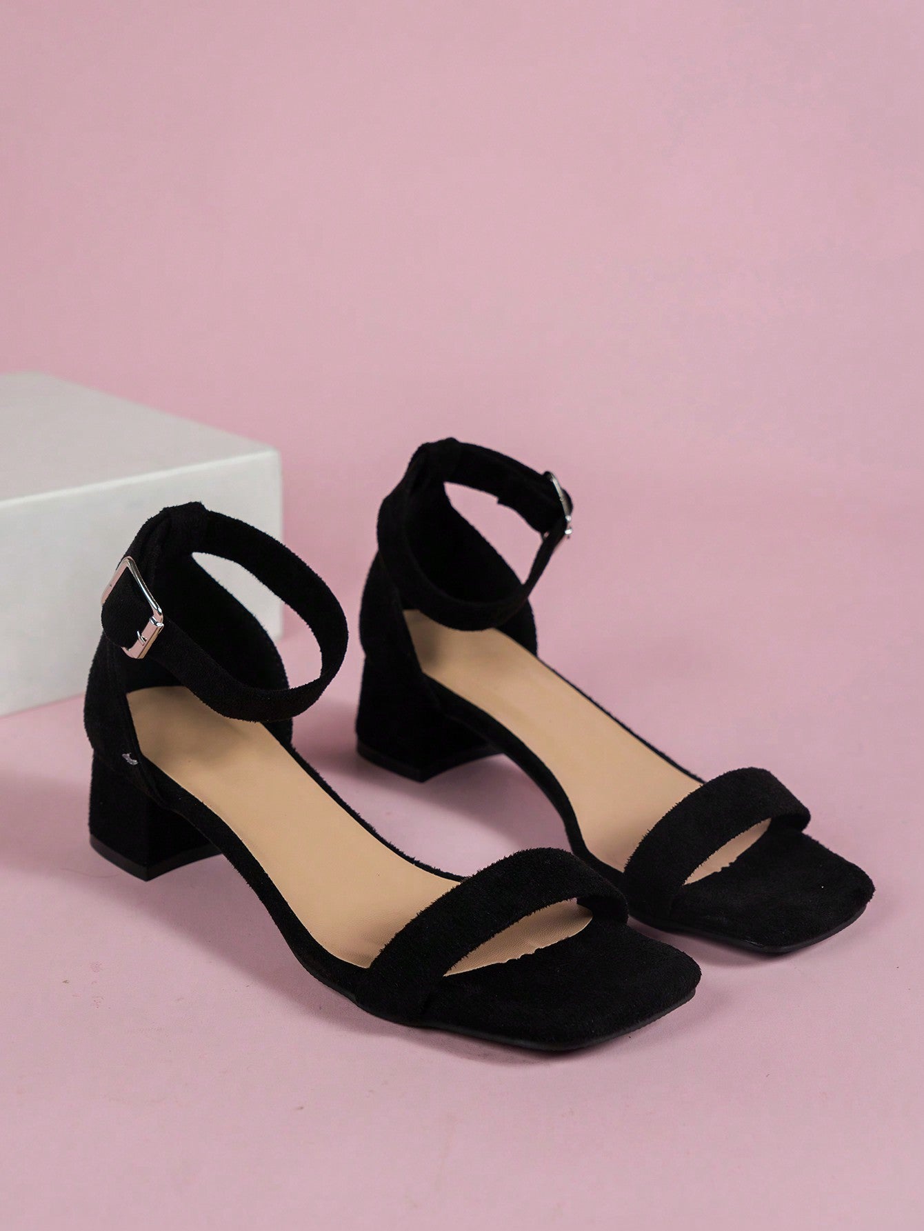 Women's Elegant Black High Heel Peep Toe Ankle Strap Sandals With Chunky Heels Made Of Faux Suede For Summer