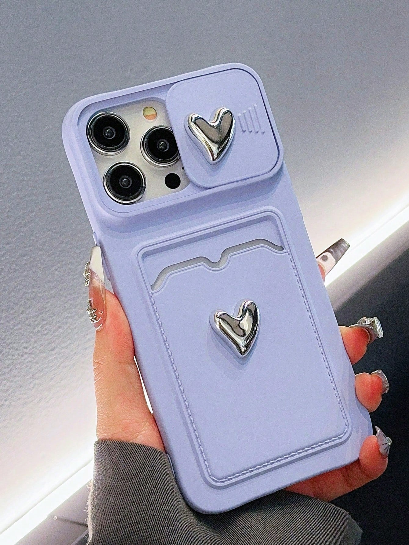 Sliding Electroplated Double Heart Shape Photo Frame Card Slot Phone Case Compatible With Iphone