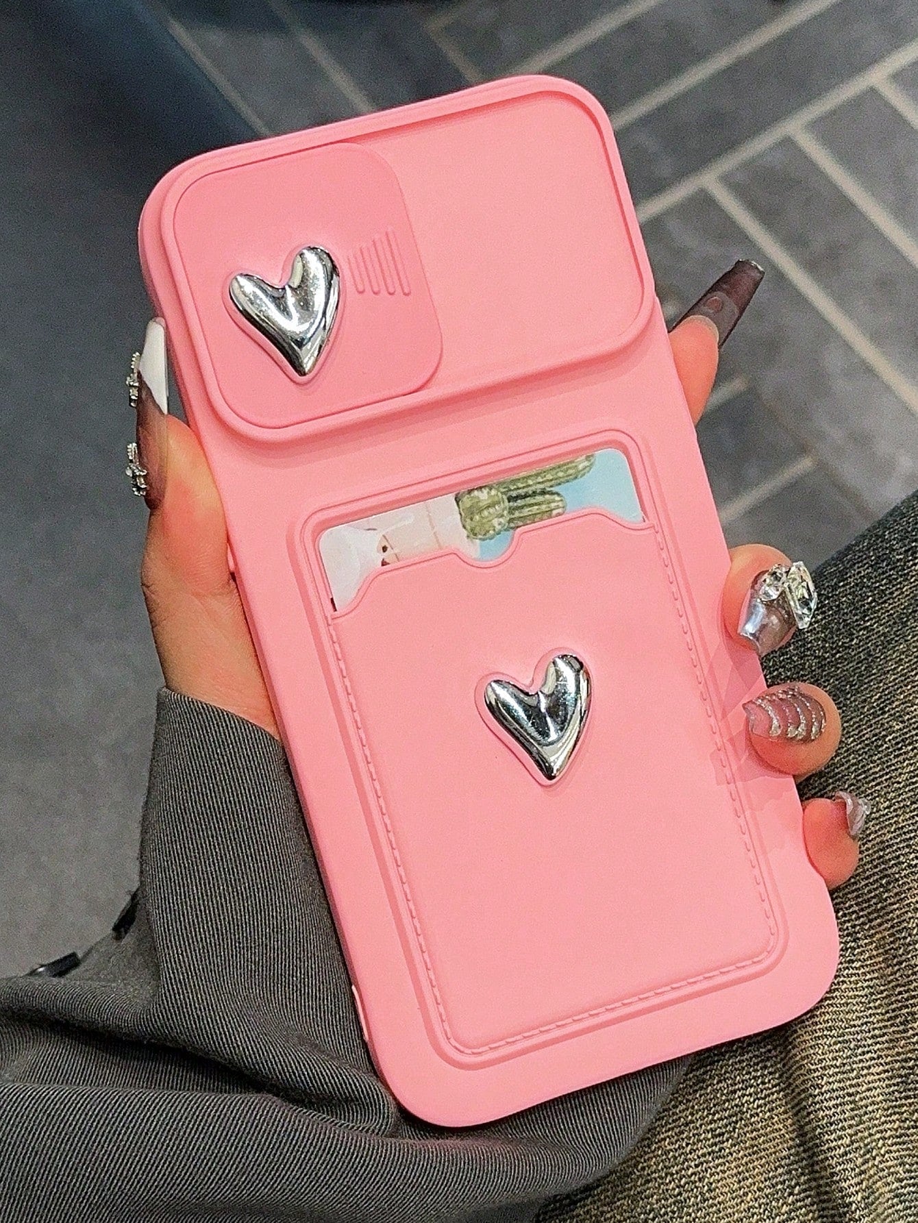Sliding Electroplated Double Heart Shape Photo Frame Card Slot Phone Case Compatible With Iphone