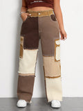 Plus Size Raw Edge Patchwork Straight Leg Jeans