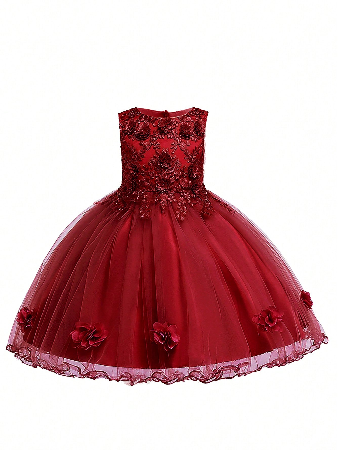 Tween Girl Formal Dress In Solid Color Net Tulle Satin With 3D Flower Decoration And Puffy Skirt, Perfect For Birthday Party Or Campus Performance