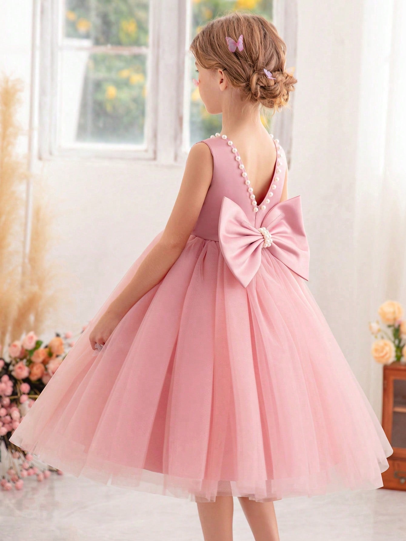 Young Girls' Pearl Butterfly Bowknot Formal Dress, Suitable For Birthday Party, Dance Party, Banquet, Festival And Wedding, Elegant Daily Wear, Stage Show, Fashion Show, Performance