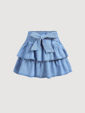 Teen Girl Spring/Summer Cute Bow Decorated Denim Skirt With Ruffled Hem