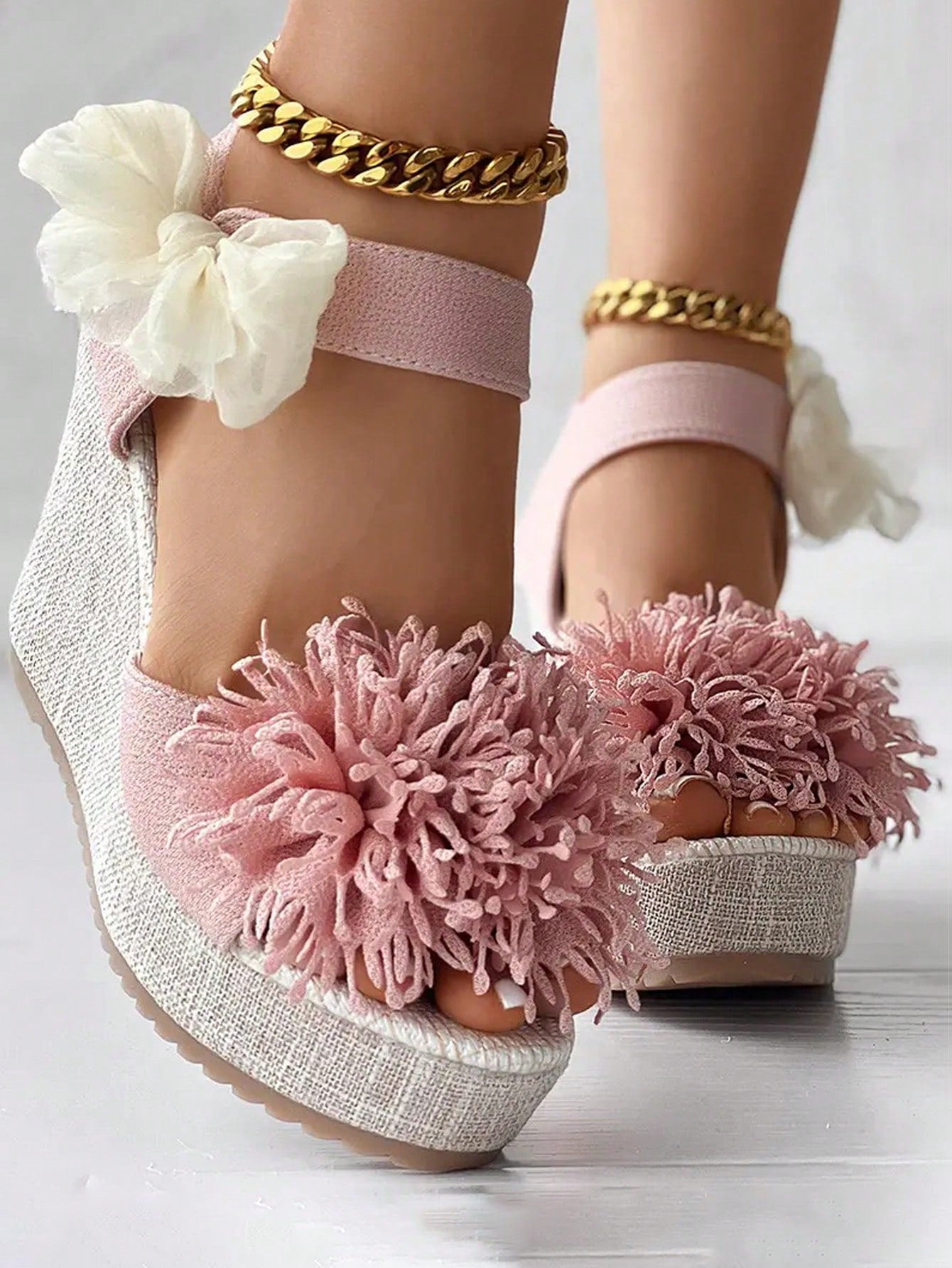 Women's Floral Platform Wedge Sandals With Waterproof And Bowknot Detail, Suitable For Outdoor Activities