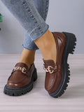 Women's Classic British Style Chunky Heel Slip-On Loafer Shoes With Thick Bottom For Spring & Autumn