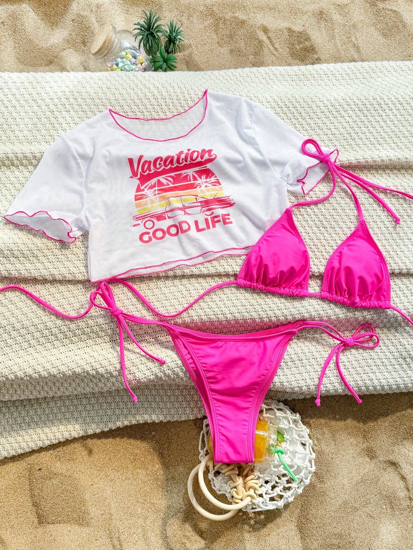 Swim Vacation Good Life Printed 3-Piece Swimwear Set, String Bikini Set Outfit Beach Bikini Set Bathing Suit Summer,Summer Beach