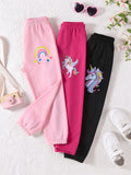 Young Girl 3pcs Casual Sporty Unicorn Print Jogger Pants With Elastic Waistband And Cuffs, Spring & Autumn