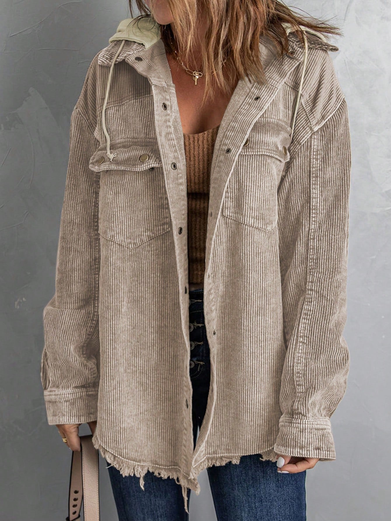 Women's Spring And Autumn Loose-Fitting Casual Regular Jacket With Drop-Shoulder, Long Sleeves And Utility Pockets
