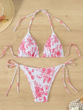 Swim Mod Summer Beach Floral Printed Padded Halter Neck Bikini Set With Bottoms