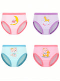 Young Girl 4pcs Soft, Comfortable And Cute Cartoon Printed Casual Triangle Panties