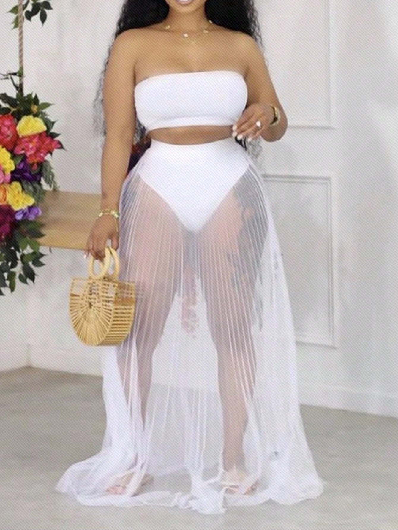 Vacation Summer Crop Tube Top And Pleated Sheer Mesh Midi Skirt Set
