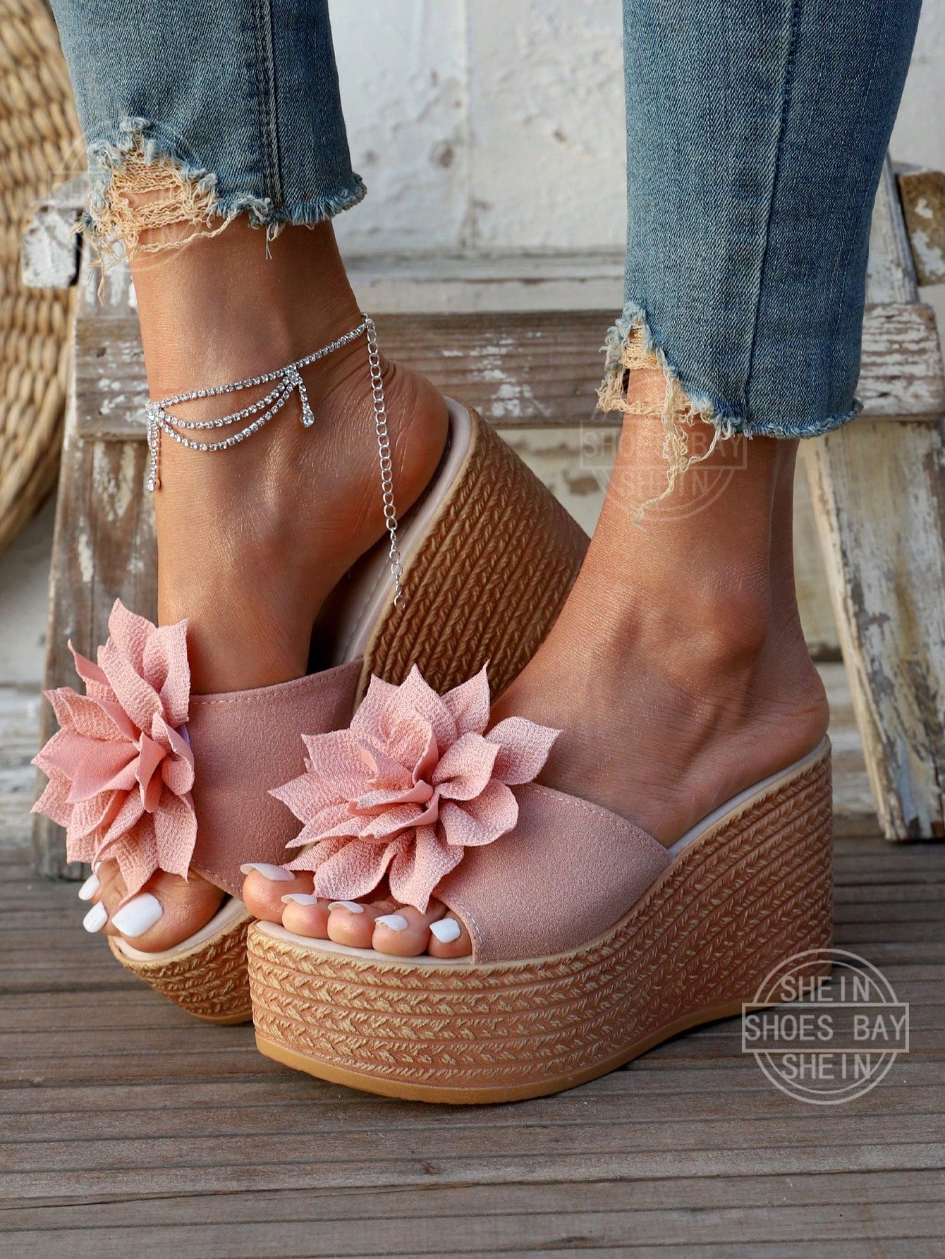 Women's Pink Waterproof Platform Sandals With Flower Design, Perfect For Parties & Vacation, Super High Heels, Lightweight, Pu Thick Soles, Spring/Summer New Arrival