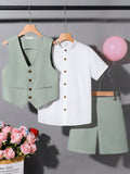 3pcs/Set Tween Boy's Gentlemanly Solid Color Turn-Down Collar Short Sleeve Shirt, Vest And Shorts Set