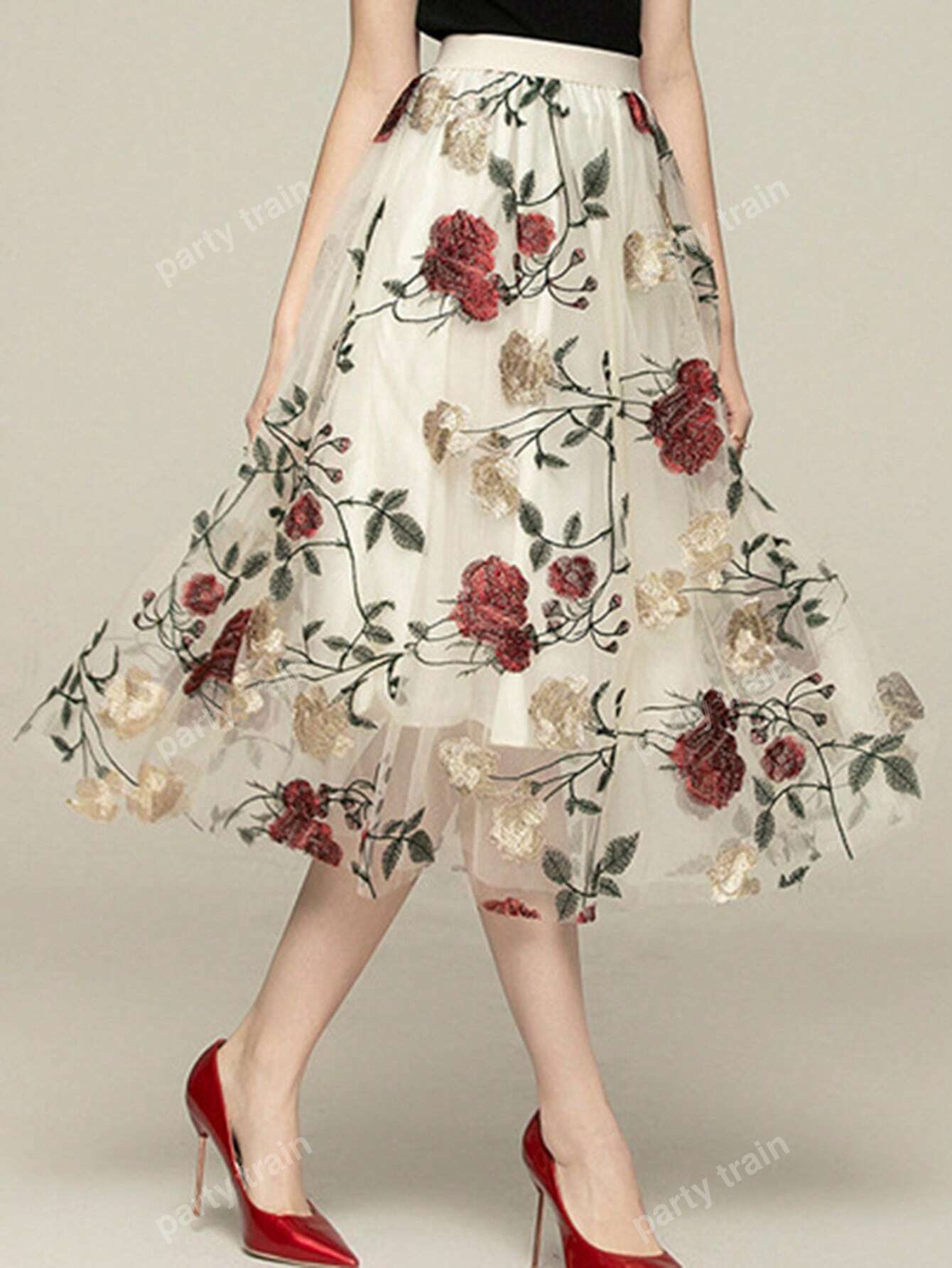 Embroidered Double-Layered Skirt With Big Flower Pattern, Suitable For Spring And Summer