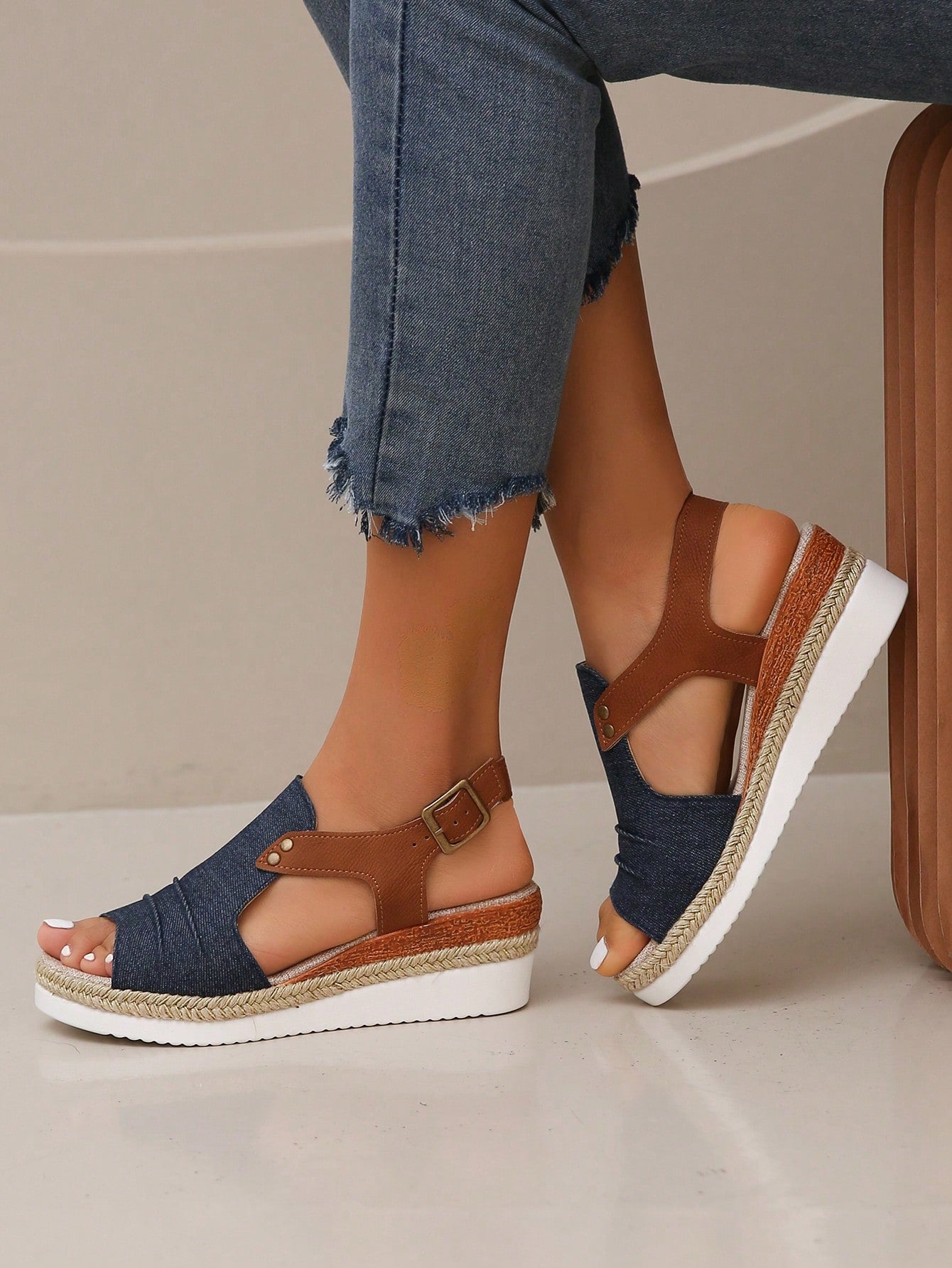 Women's Summer New Buckle Strap Wedge Sandals With Comfortable Lightweight Folded Sole, Studs And Peep Toe Design