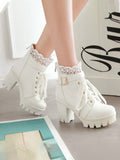 White Solid Lace Trim, Buckle Detail Boots