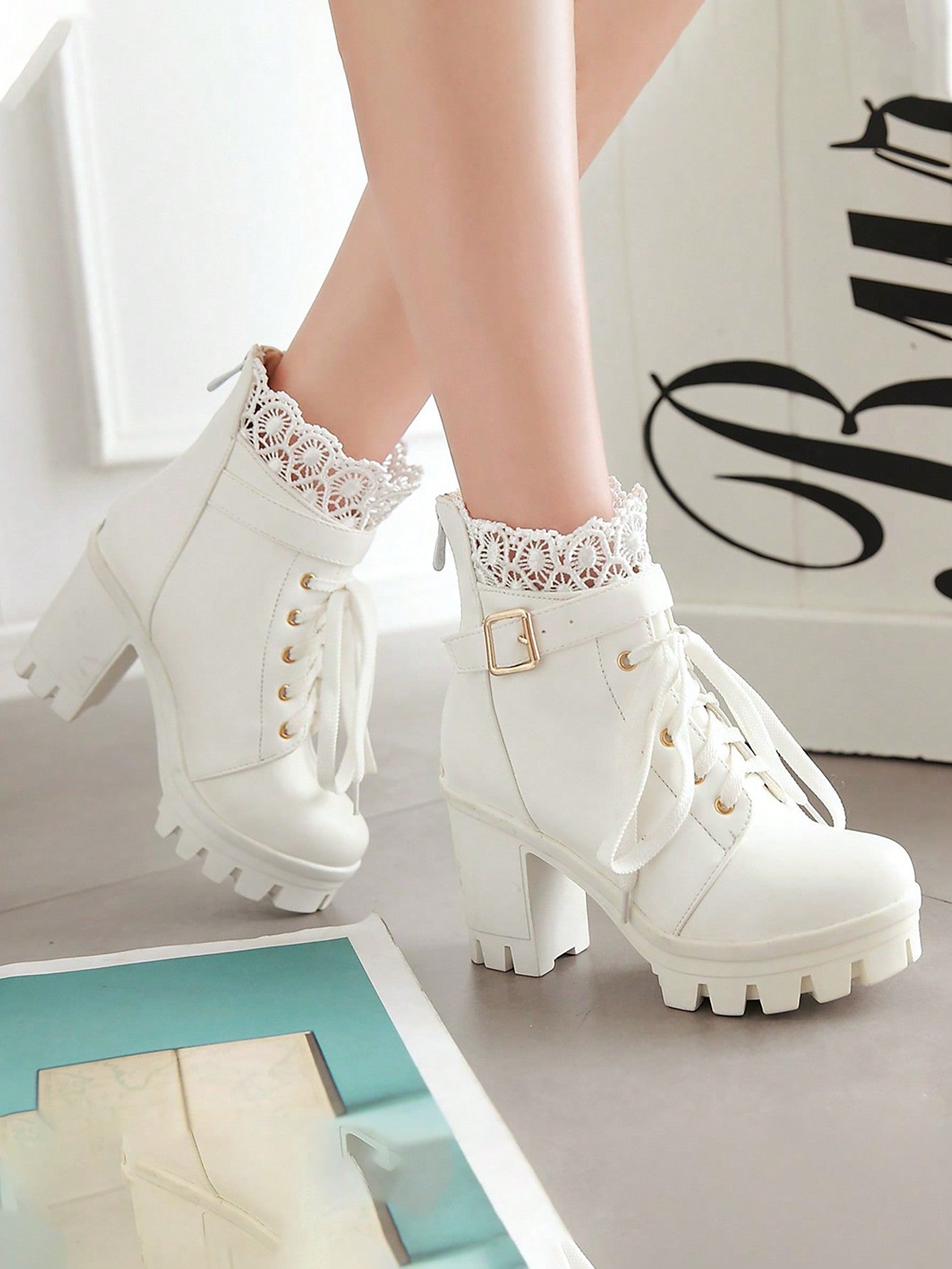 White Solid Lace Trim, Buckle Detail Boots
