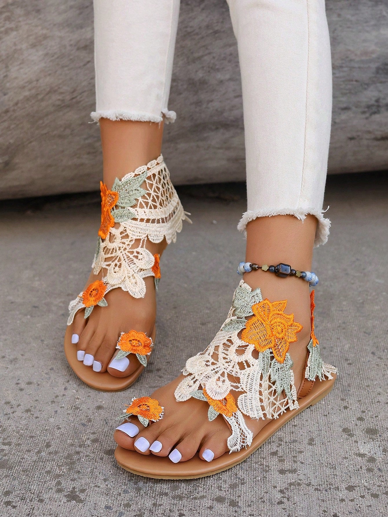 Women's Plus Size Flower Decor Strap Fashion Flat Sandals, Random Color