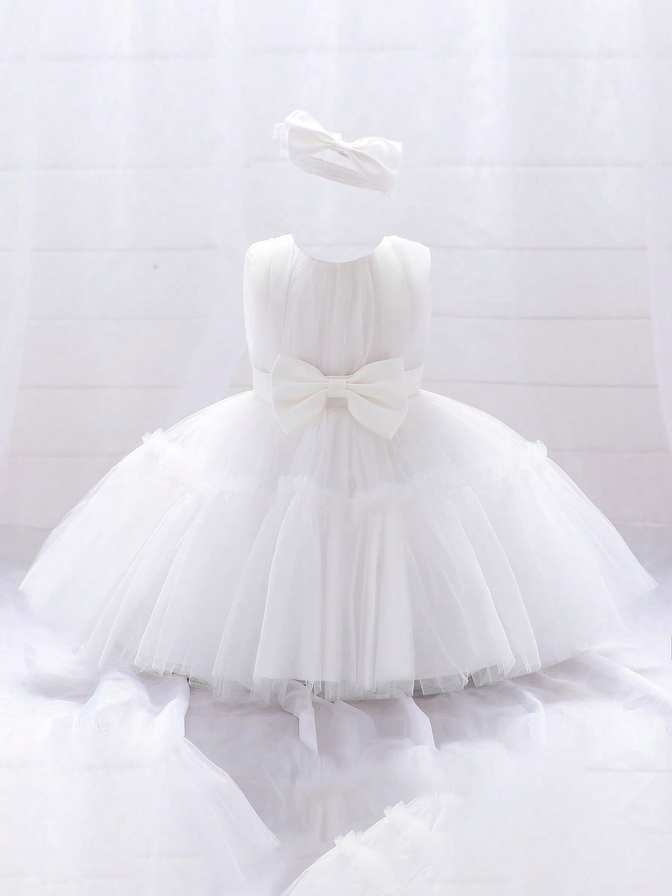 Young Girls' Solid Color Tulle Satin Dress With Waist Bowknot Decorations, Cute & Elegant Formal Dress, Comes With Hair Accessory Gift