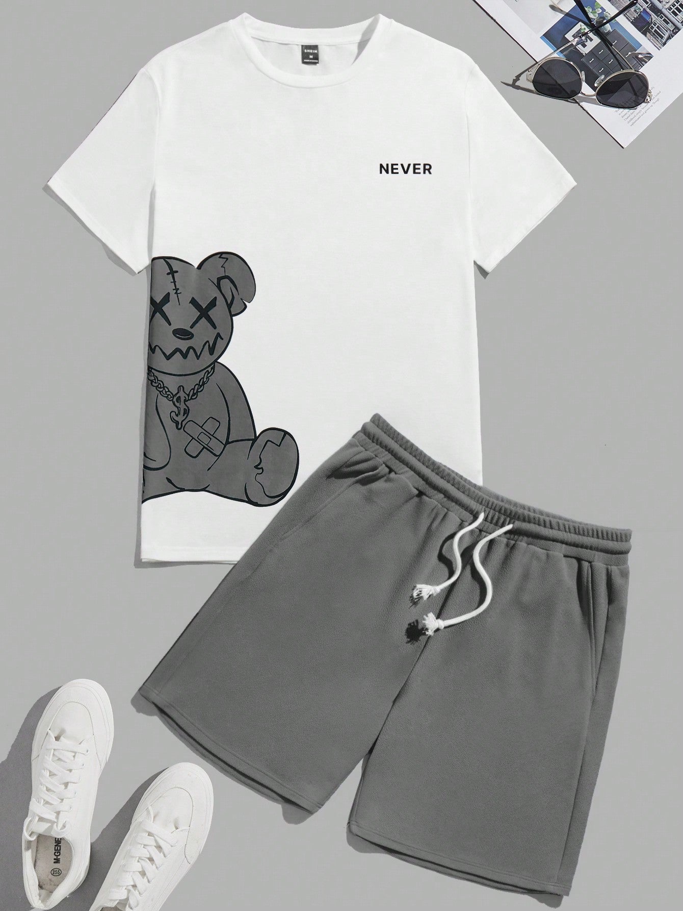 Bear Print T-Shirt And Shorts Knitting Casual Two-Piece Set