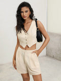 Anewsta Linen Button Front V-Neck Suit Vest And Shorts Suit Set