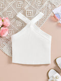 Teen Girl Strappy Knitted Tank Top With Ribbed Texture And Elasticity, Solid Color, Suitable For Summer