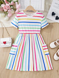 Tween Girls' Casual Striped Knit Short Sleeve Dress With Round Neckline For Spring/Summer