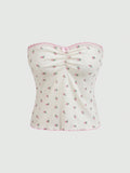 Women's Fresh & Sexy Lace Hem Floral Strapless Crop Top With Bowknot Detailing And Ruched Elastic Bodice, Perfect For Vacation