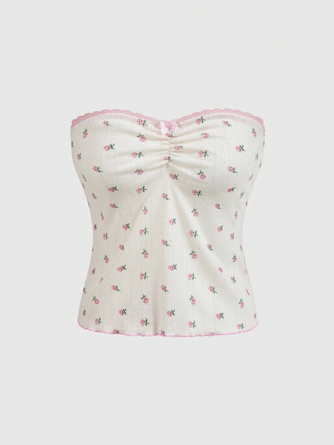 Women's Fresh & Sexy Lace Hem Floral Strapless Crop Top With Bowknot Detailing And Ruched Elastic Bodice, Perfect For Vacation