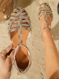 Women's Retro Floral T-Strap Cutout Flat Sandals, Ladies' Anti-Slip Fashionable Beach Shoes For Comfortable Casual & Vacation Outfit Brown