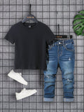 Young Boy 2pcs/Set Black T-Shirt And Ripped Frayed Washed Blue Jeans Sets,For Summer