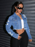 Women's Distressed Water Washed Denim Jacket, Suitable For Spring And Autumn