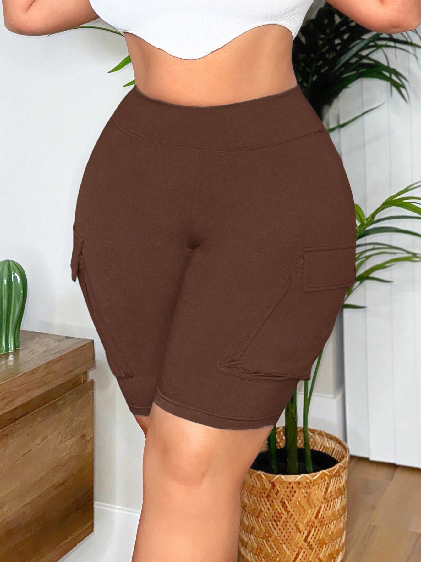 Plus Size Women's Knitted High Waist Short Length Leggings Pants Ladies' Solid Color Cycling Leggings With Flip Pocket Date Night Outfits Sexy Outfits Club Birthday Outfit Spring Summer Women Clothes Bachelorette Party
