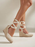 Women's Beige Woven Face & Lace-Up Espadrilles Wedges With Thick Heel & Jute Sole