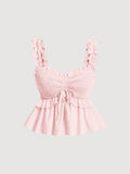 Women's Solid Color Drawstring Pleated Ruffle Hem Camisole Top