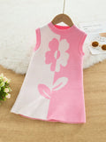 Young Girl Color Block Splicing Flower Pattern Sleeveless Sweater Dress
