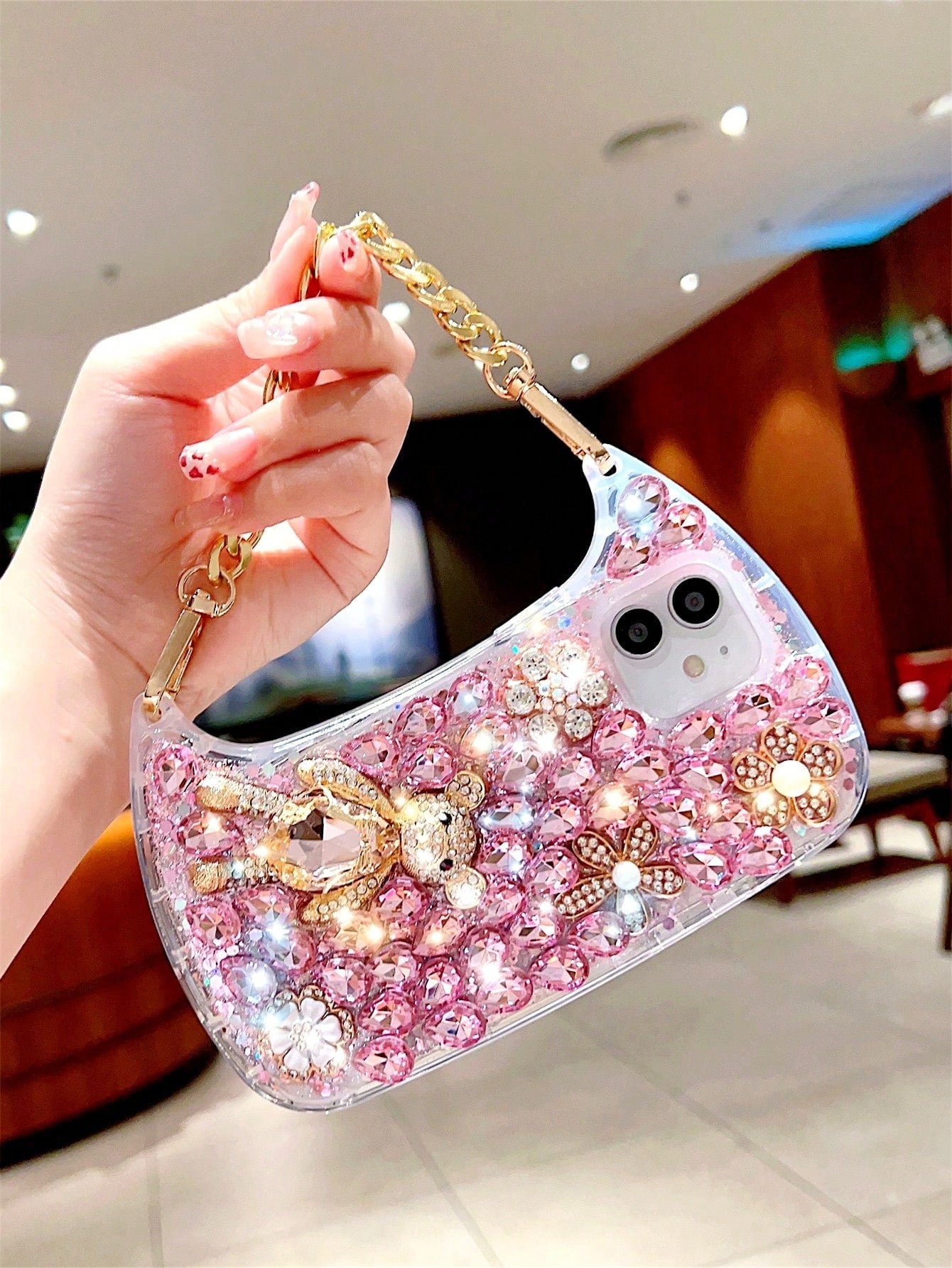 Pink Rhinestone & Bear Decor Bag Design Rhinestone Phone Case