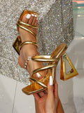 Women\ Gold Pyramid Decorated High Heel Mules Sandals, Glamorous Party High Heel Sandals