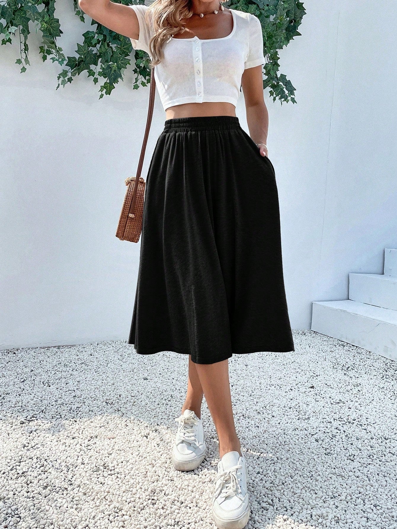 Ladies' Fashionable Solid Color Casual A-Line Skirt