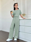 Tween Girls' Knitted Solid Color Loose Fit Casual Jumpsuit With Round Neckline