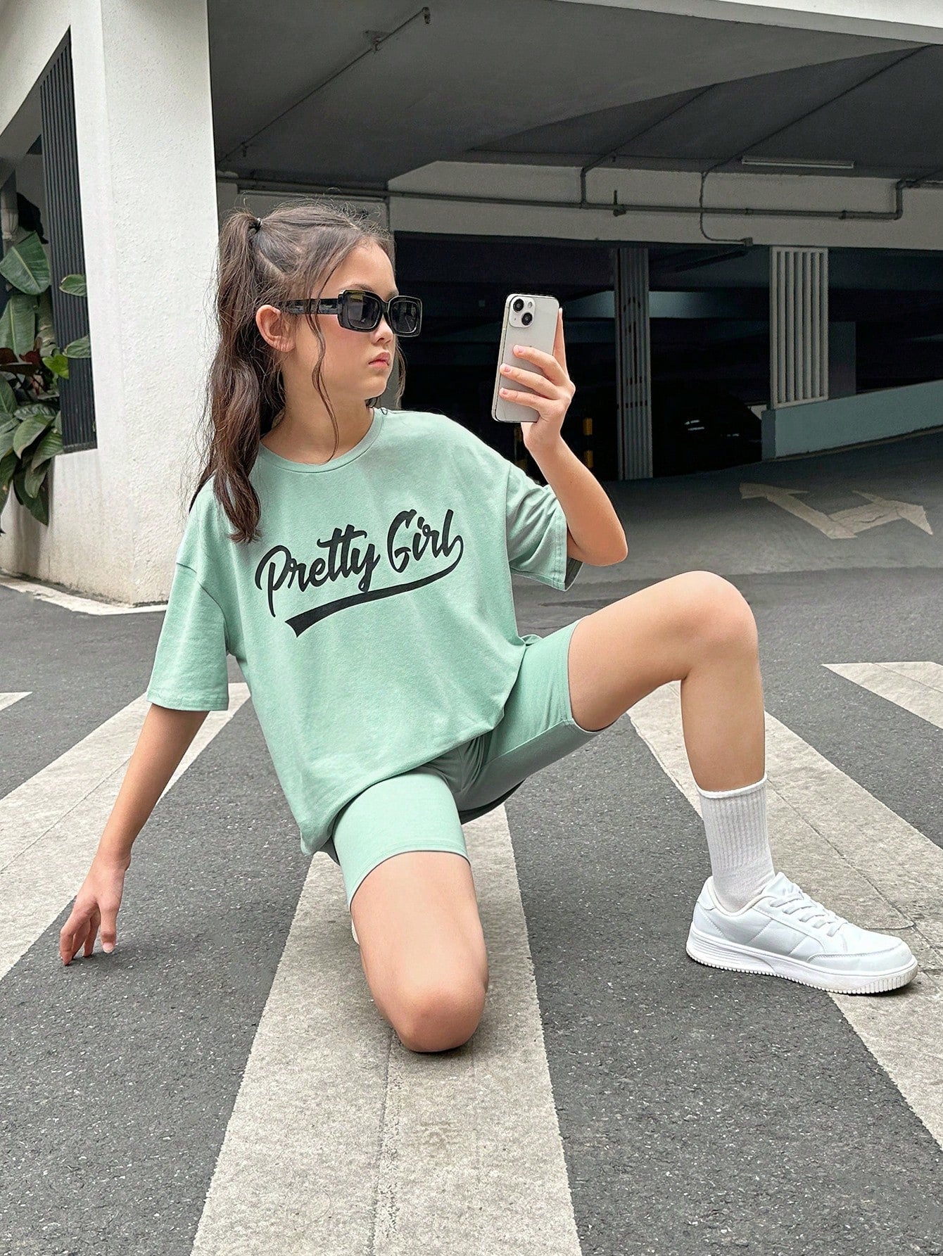 少女時尚涼爽街頭風春夏針織圓領字母印花短袖T恤與短褲組