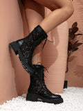 Women's Lace Hollow Out Net Boots With Chunky Heel & Thick Platform, Black, Summer