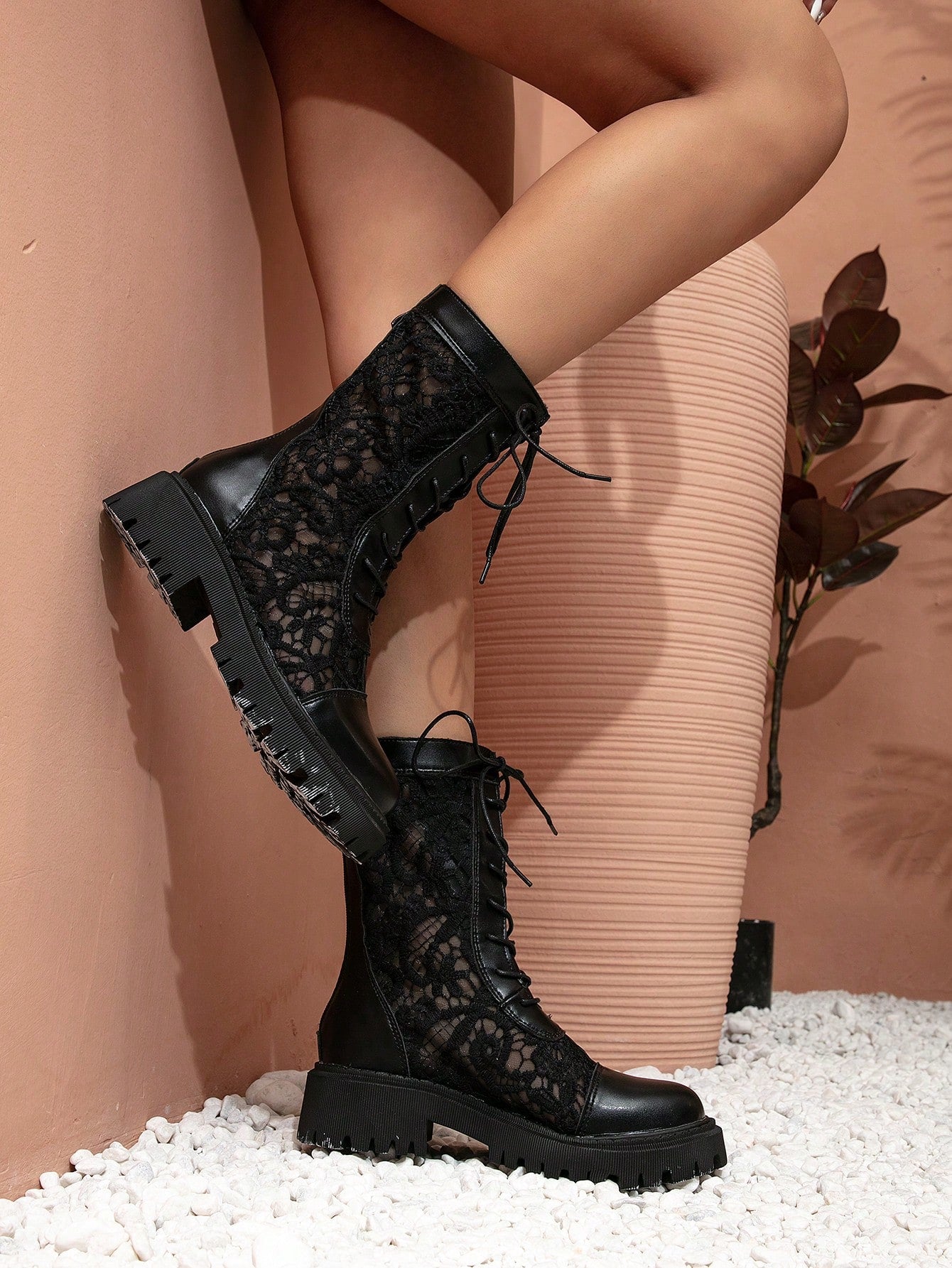 Women's Lace Hollow Out Net Boots With Chunky Heel & Thick Platform, Black, Summer